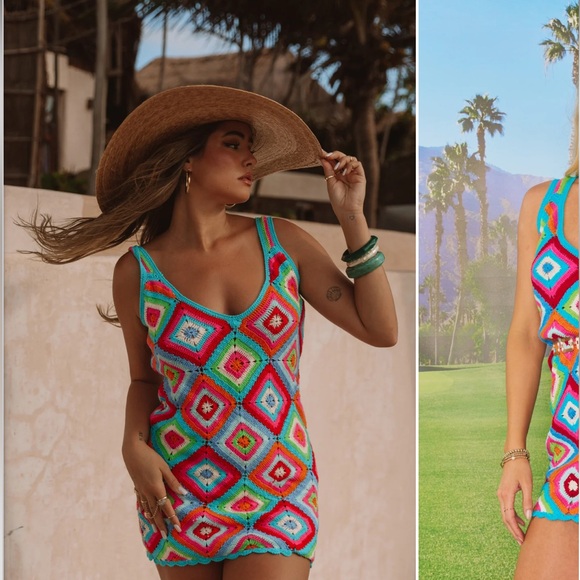 Show Me Your MuMu Granny Square Libra Cover Up Micro Mini Dress - Picture 2 of 13